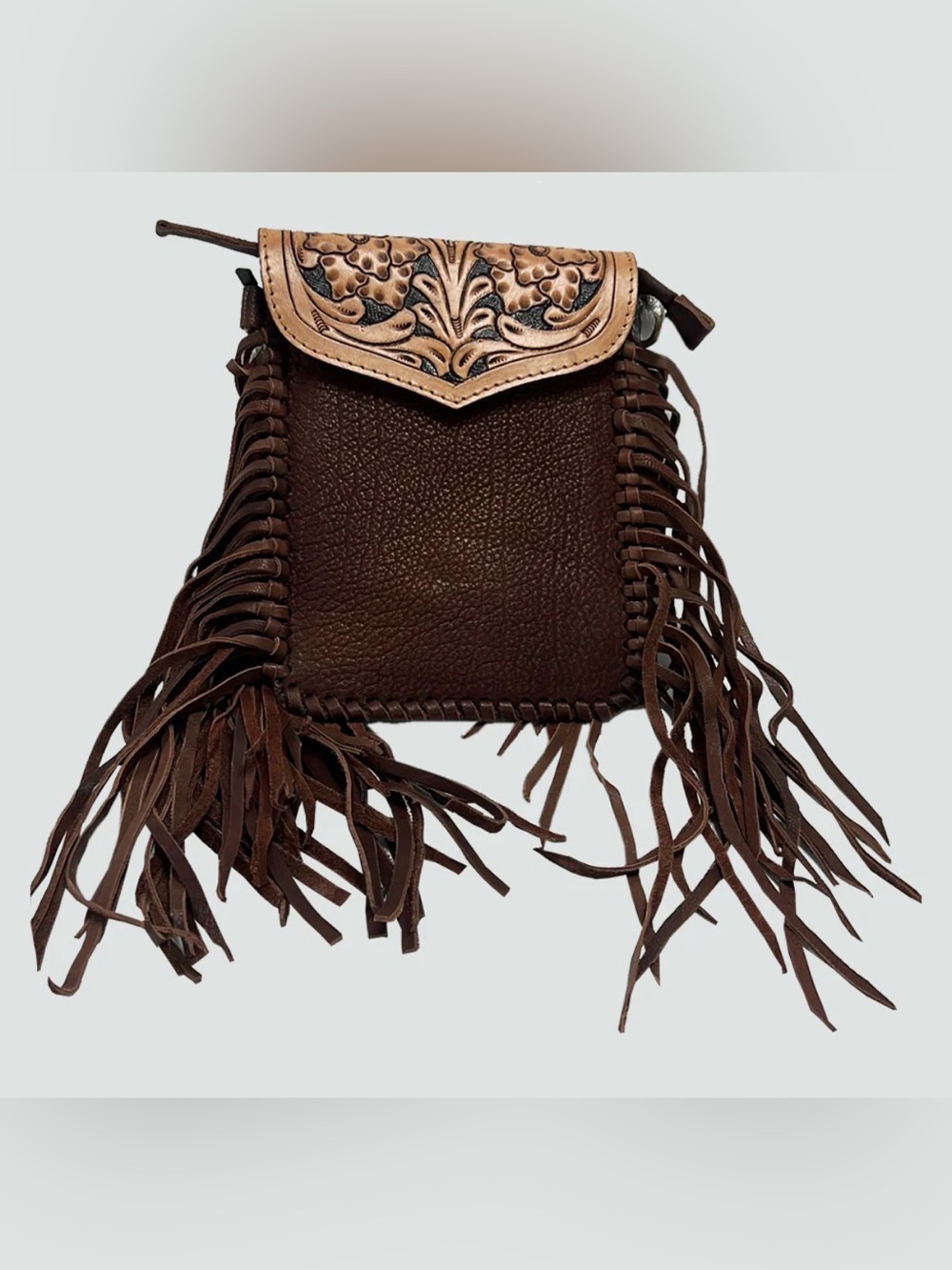 Brown Leather Fringe Crossbody Bag with Floral Tooled Flap